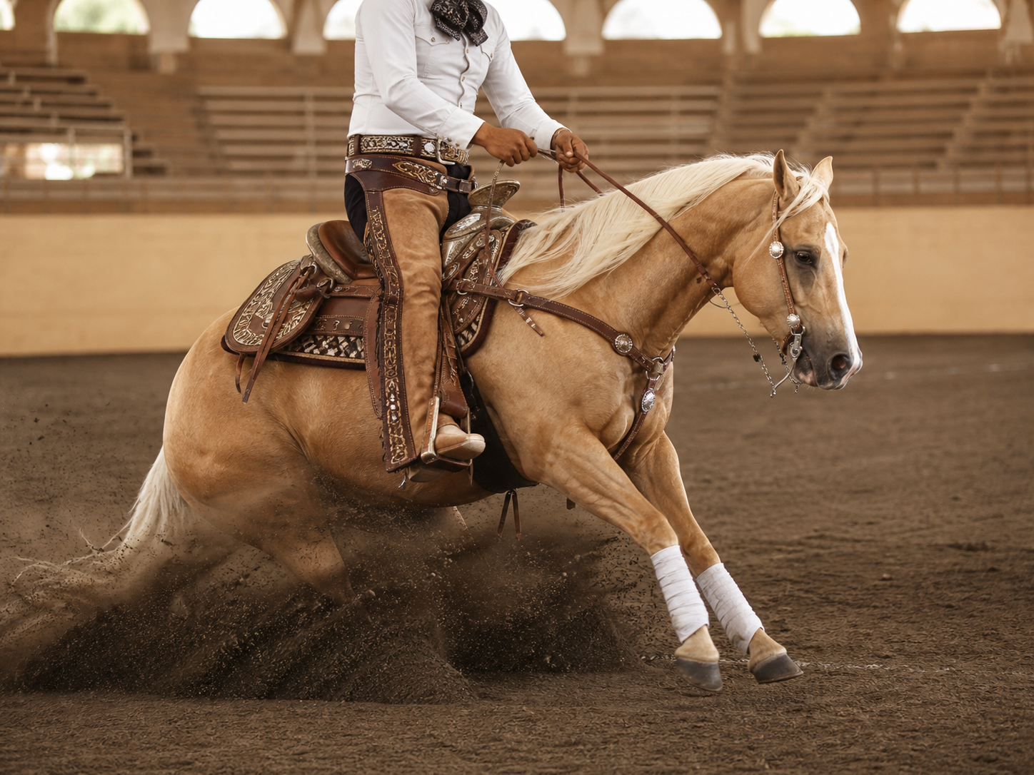 Representación demostrativa de un caballo palomino ejecutando una maniobra